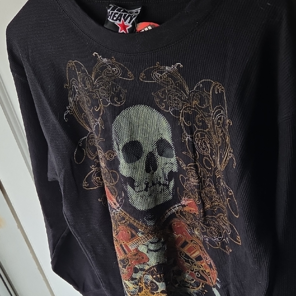 Black Graphic Henley Long Sleeved Shirt Skulls
